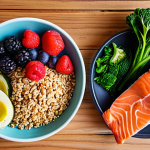 **

> A vibrant, colorful meal featuring salmon, berries, leafy green vegetables, and whole grains, arranged artfully on a table. Focus on the freshness and appeal of these healthy foods, emphasizing a balanced and nutritious diet for cardiovascular health. Natural lighting, warm tones.

**