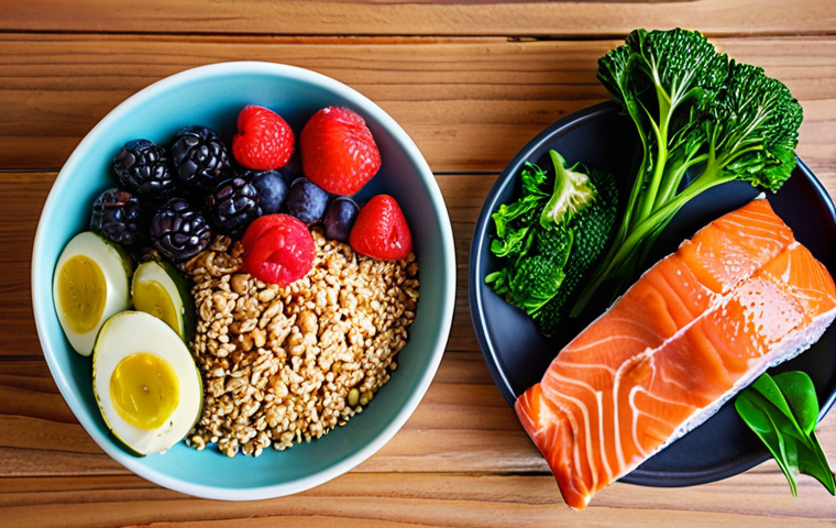 **
> A vibrant, colorful meal featuring salmon, berries, leafy green vegetables, and whole grains, arranged artfully on a table. Focus on the freshness and appeal of these healthy foods, emphasizing a balanced and nutritious diet for cardiovascular health. Natural lighting, warm tones.
**