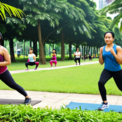 Home 6 A diverse group of Malaysians engaging in various exercises in a park setting, showcasing jogging, cycling, yoga, and weightlifting, with lush greenery and modern city buildings in the background, emphasizing the importance of exercise for a healthy lifestyle.