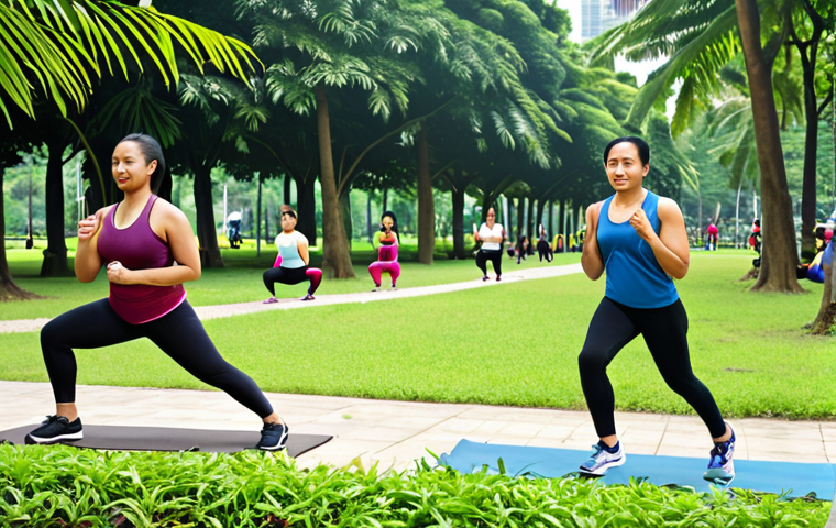 A diverse group of Malaysians engaging in various exercises in a park setting, showcasing jogging, cycling, yoga, and weightlifting, with lush greenery and modern city buildings in the background, emphasizing the importance of exercise for a healthy lifestyle.