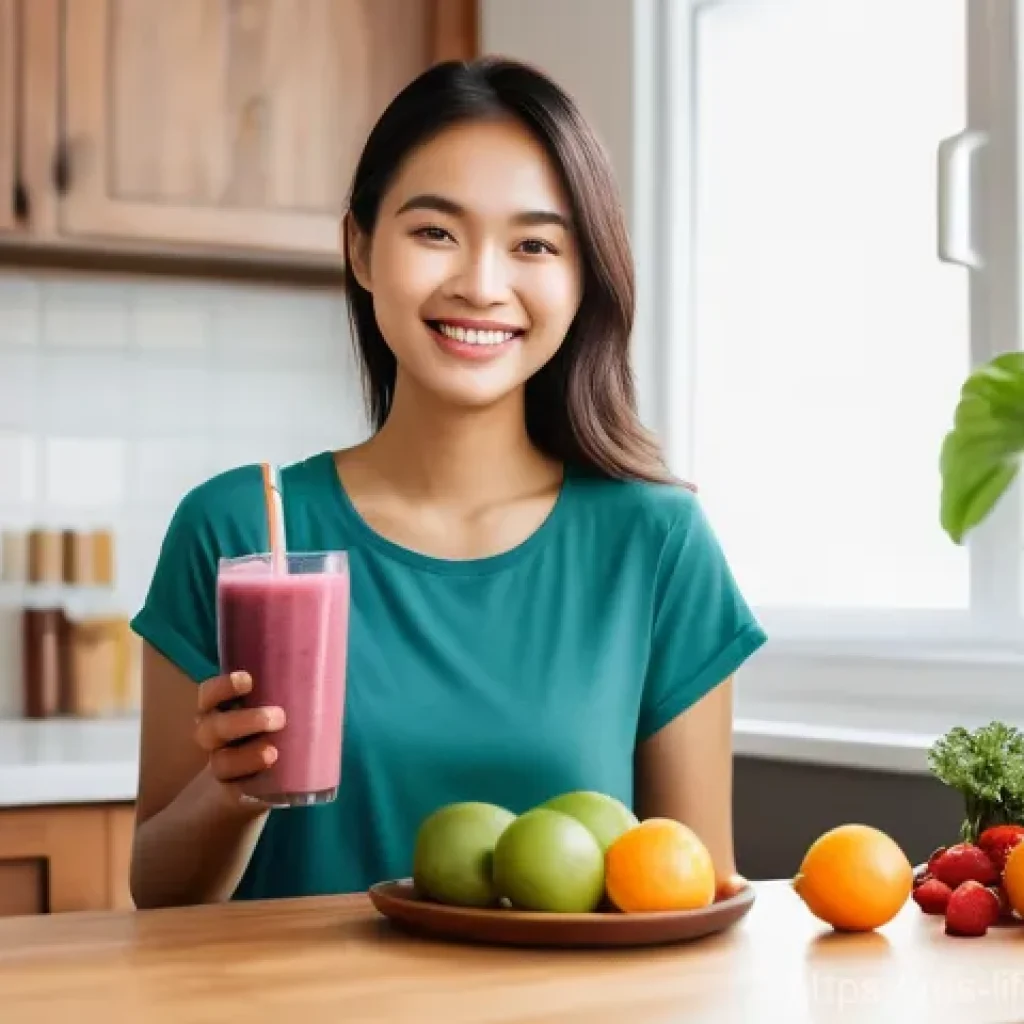 노화 방지 - "A cheerful young Malaysian woman with radiant, clear skin, wearing modest, comfortable everyday clo...