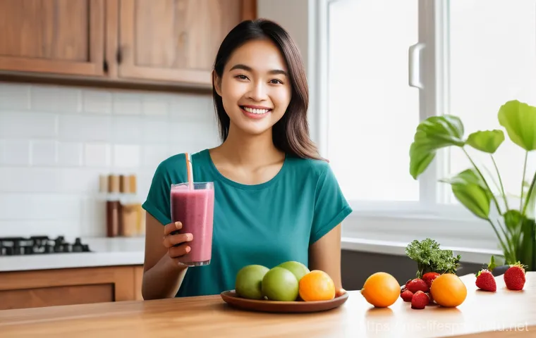 노화 방지 - "A cheerful young Malaysian woman with radiant, clear skin, wearing modest, comfortable everyday clo...