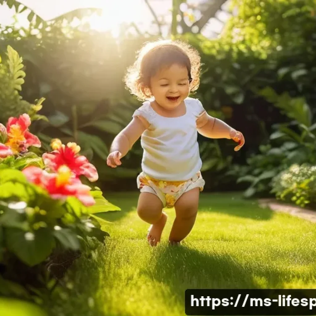 CRISPR와 평균수명 - **A toddler (wearing a diaper) playing happily in a sunlit garden. The garden is filled with colorfu...