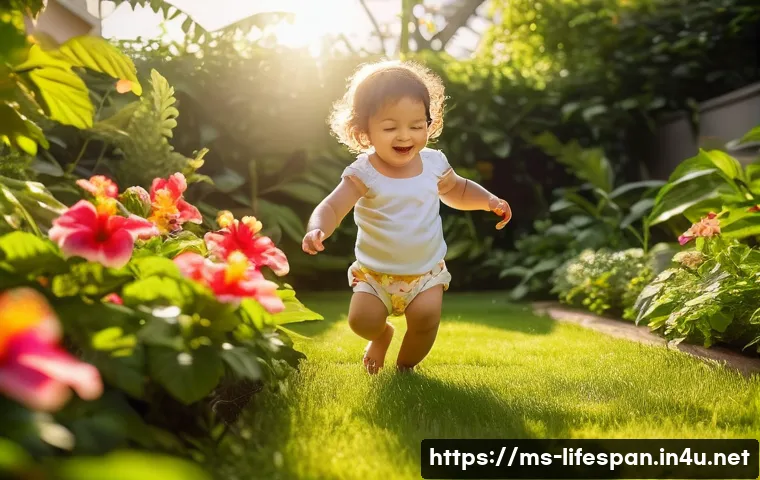 CRISPR와 평균수명 - **A toddler (wearing a diaper) playing happily in a sunlit garden. The garden is filled with colorfu...