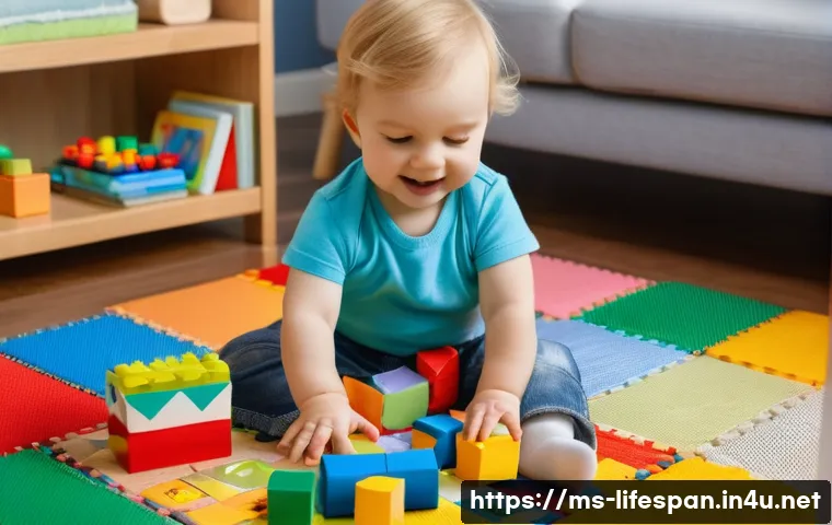 평균수명과 건강수명 차이 - **Prompt:** A toddler, wearing a colorful diaper, is giggling while playing with building blocks on ...