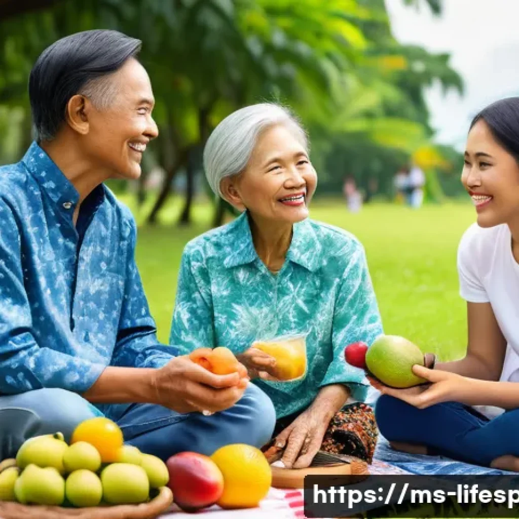 유전자와 평균수명 - A diverse Malaysian family enjoying a healthy outdoor picnic in a lush green park, featuring multi-g...