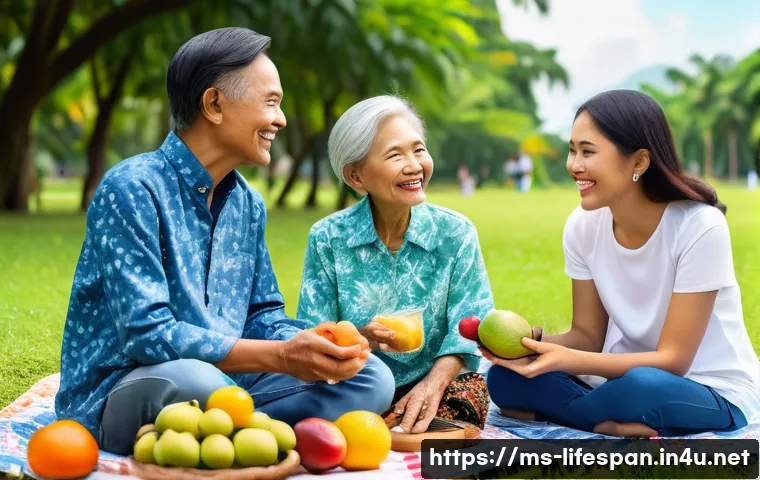 유전자와 평균수명 - A diverse Malaysian family enjoying a healthy outdoor picnic in a lush green park, featuring multi-g...