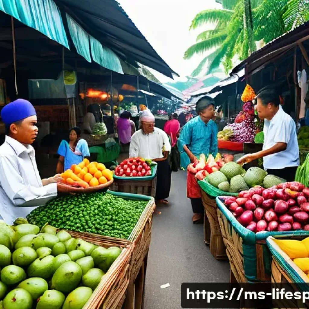 항산화제와 평균수명 - A vibrant Malaysian traditional market scene showcasing a colorful array of local antioxidant-rich f...