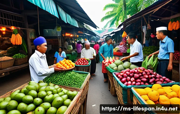 항산화제와 평균수명 - A vibrant Malaysian traditional market scene showcasing a colorful array of local antioxidant-rich f...
