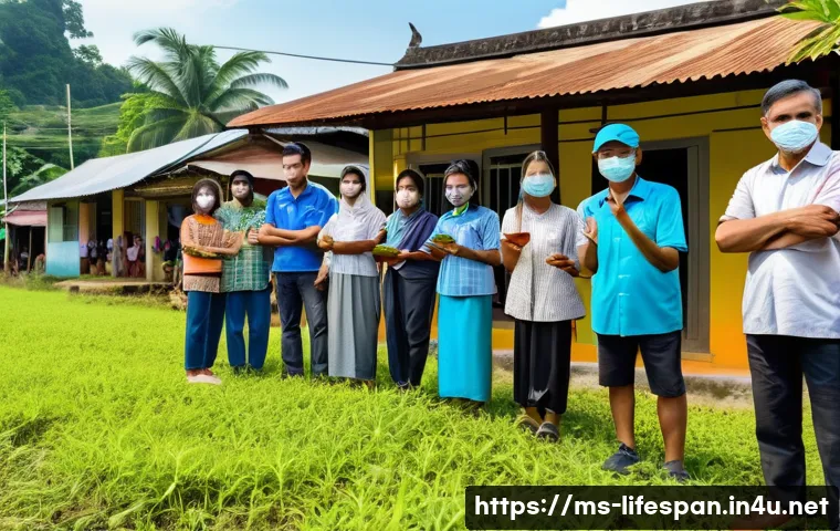 전염병과 평균수명 - A vibrant community health outreach event in a Malaysian rural village, featuring diverse local peop...