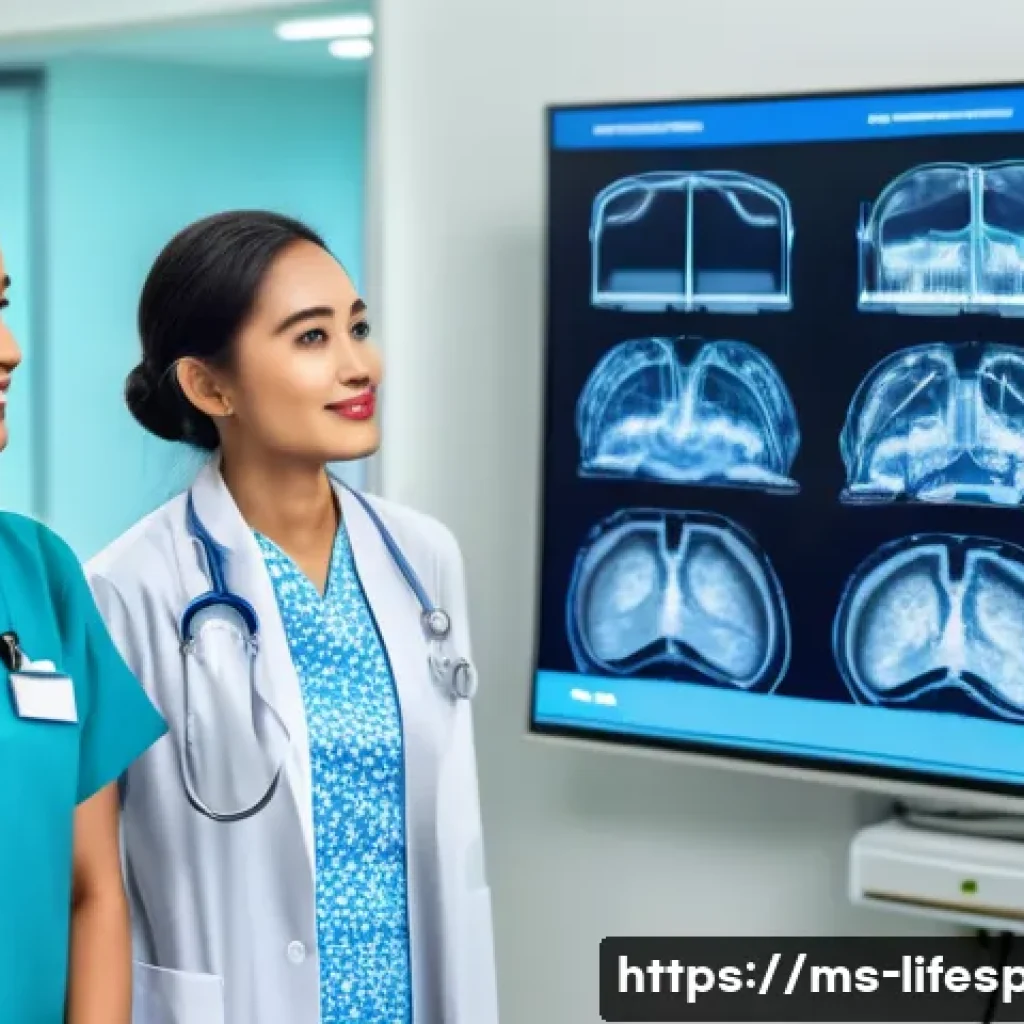 미래 평균수명 - A modern Malaysian hospital scene showcasing advanced medical technology: a diverse group of doctors...