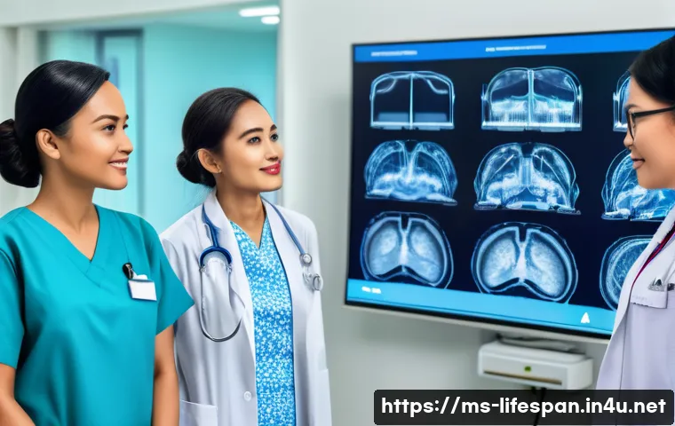 미래 평균수명 - A modern Malaysian hospital scene showcasing advanced medical technology: a diverse group of doctors...