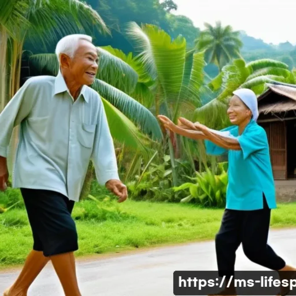 장수 마을의 비결 - A vibrant rural Malaysian village scene in the early morning, showing elderly villagers engaging in ...