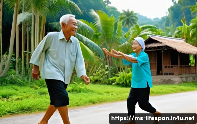 장수 마을의 비결 - A vibrant rural Malaysian village scene in the early morning, showing elderly villagers engaging in ...
