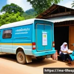 의료서비스와 평균수명 - A vibrant rural Malaysian village scene showing a mobile health clinic van parked near traditional w...