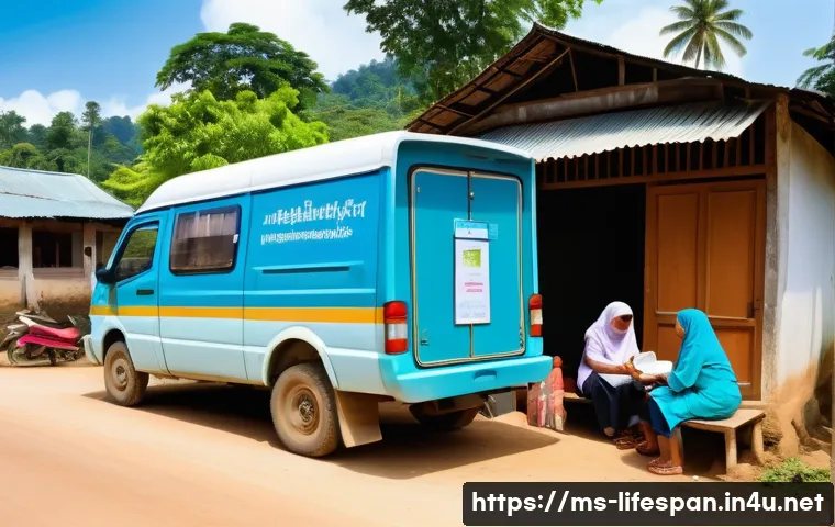의료서비스와 평균수명 - A vibrant rural Malaysian village scene showing a mobile health clinic van parked near traditional w...