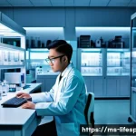 평균수명과 유전자 편집 - A futuristic medical laboratory in Malaysia showcasing advanced gene-editing technology like CRISPR,...