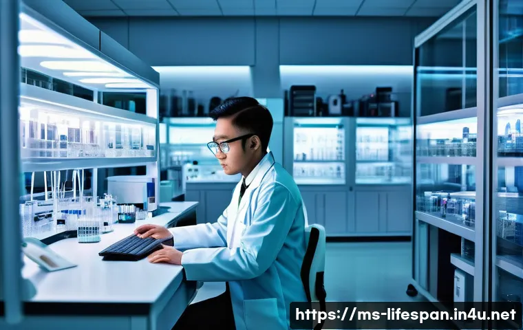 평균수명과 유전자 편집 - A futuristic medical laboratory in Malaysia showcasing advanced gene-editing technology like CRISPR,...