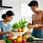평균수명과 불임 - A young Malaysian couple in a bright, airy kitchen preparing a healthy meal together, featuring fres...