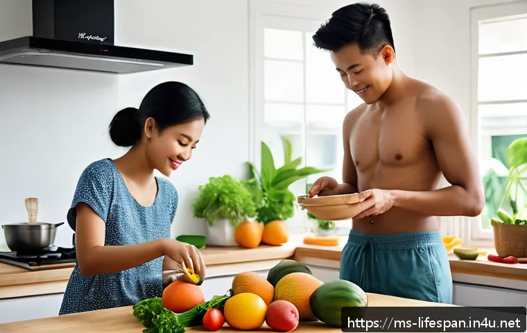 평균수명과 불임 - A young Malaysian couple in a bright, airy kitchen preparing a healthy meal together, featuring fres...