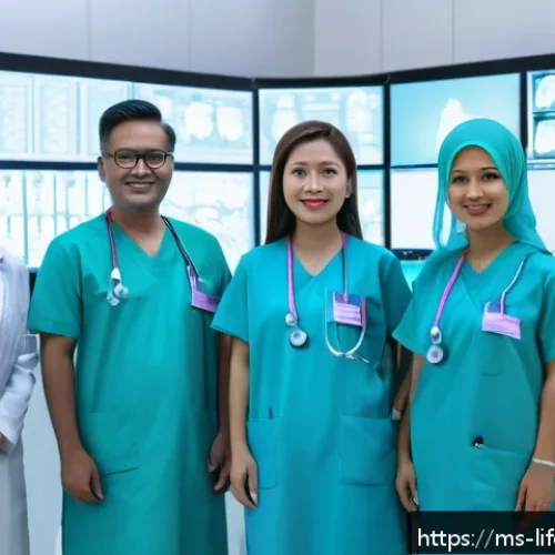 인공지능과 평균수명 - A modern Malaysian hospital radiology room with a diverse team of doctors and AI-powered diagnostic ...