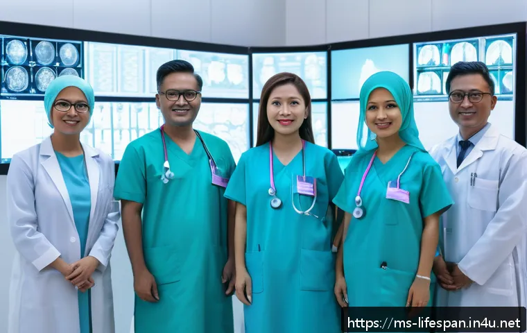 인공지능과 평균수명 - A modern Malaysian hospital radiology room with a diverse team of doctors and AI-powered diagnostic ...