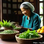 불로장수와 전설 - A vibrant Malaysian traditional kitchen scene featuring a middle-aged woman preparing a healthy meal...