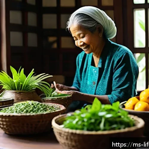 불로장수와 전설 - A vibrant Malaysian traditional kitchen scene featuring a middle-aged woman preparing a healthy meal...