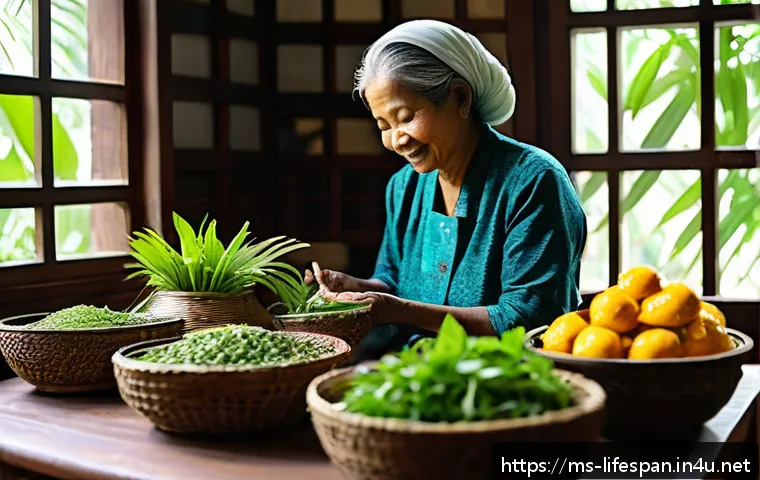 불로장수와 전설 - A vibrant Malaysian traditional kitchen scene featuring a middle-aged woman preparing a healthy meal...